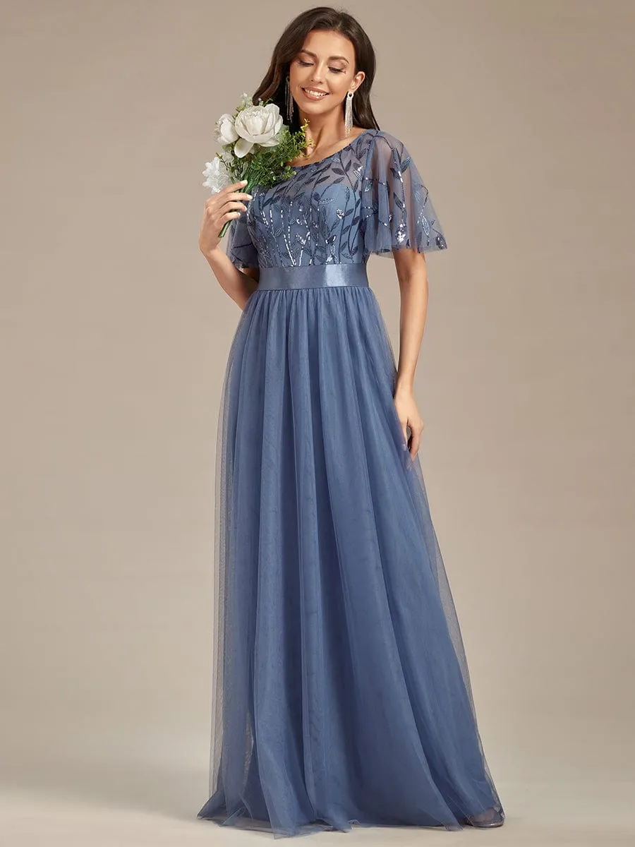 Women's A-Line Short Sleeve Embroidery Floor Length Wedding Guest Dresses