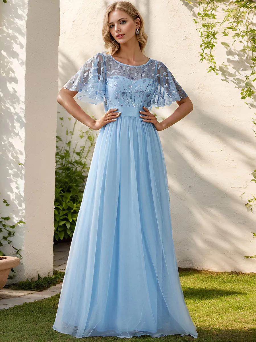 Women's A-Line Short Sleeve Embroidery Floor Length Wedding Guest Dresses