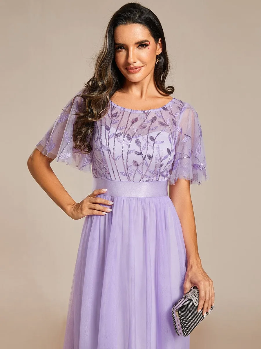 Women's A-Line Short Sleeve Embroidery Floor Length Wedding Guest Dresses