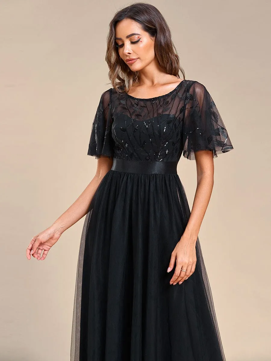 Women's A-Line Short Sleeve Embroidery Floor Length Wedding Guest Dresses