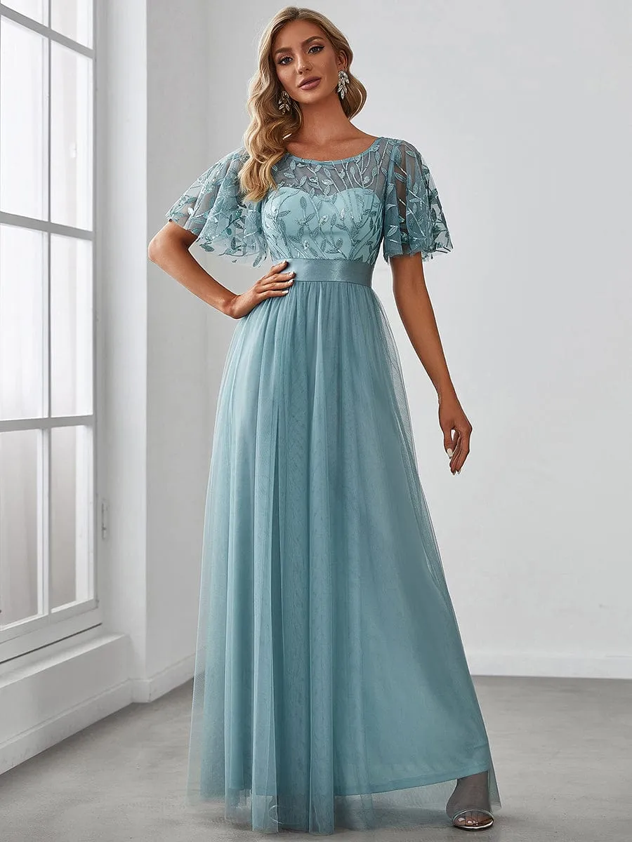 Women's A-Line Short Sleeve Embroidery Floor Length Wedding Guest Dresses