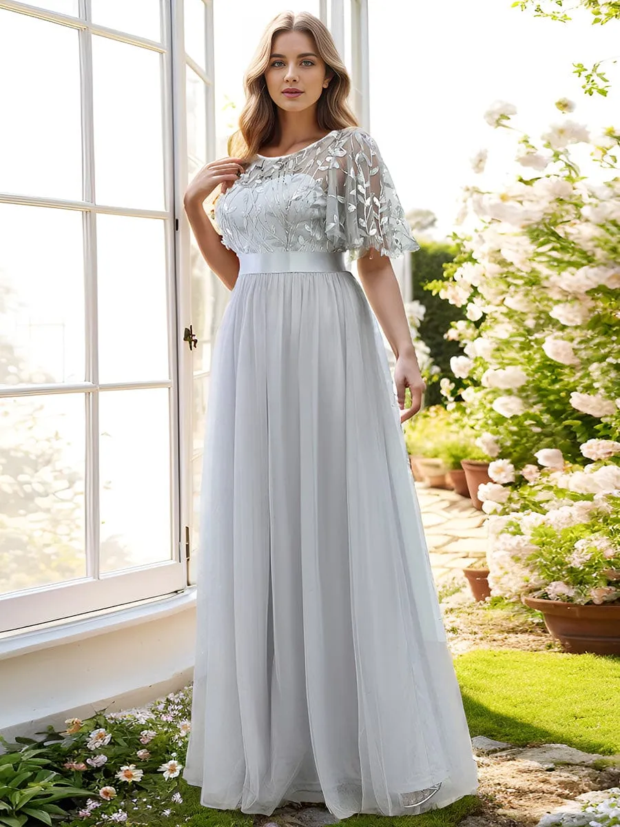 Women's A-Line Short Sleeve Embroidery Floor Length Wedding Guest Dresses