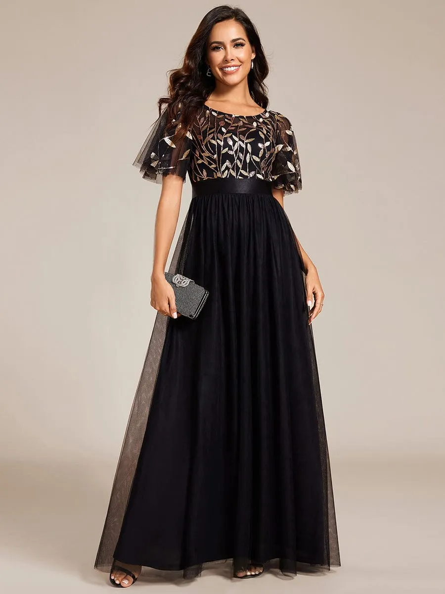 Women's A-Line Short Sleeve Embroidery Floor Length Wedding Guest Dresses