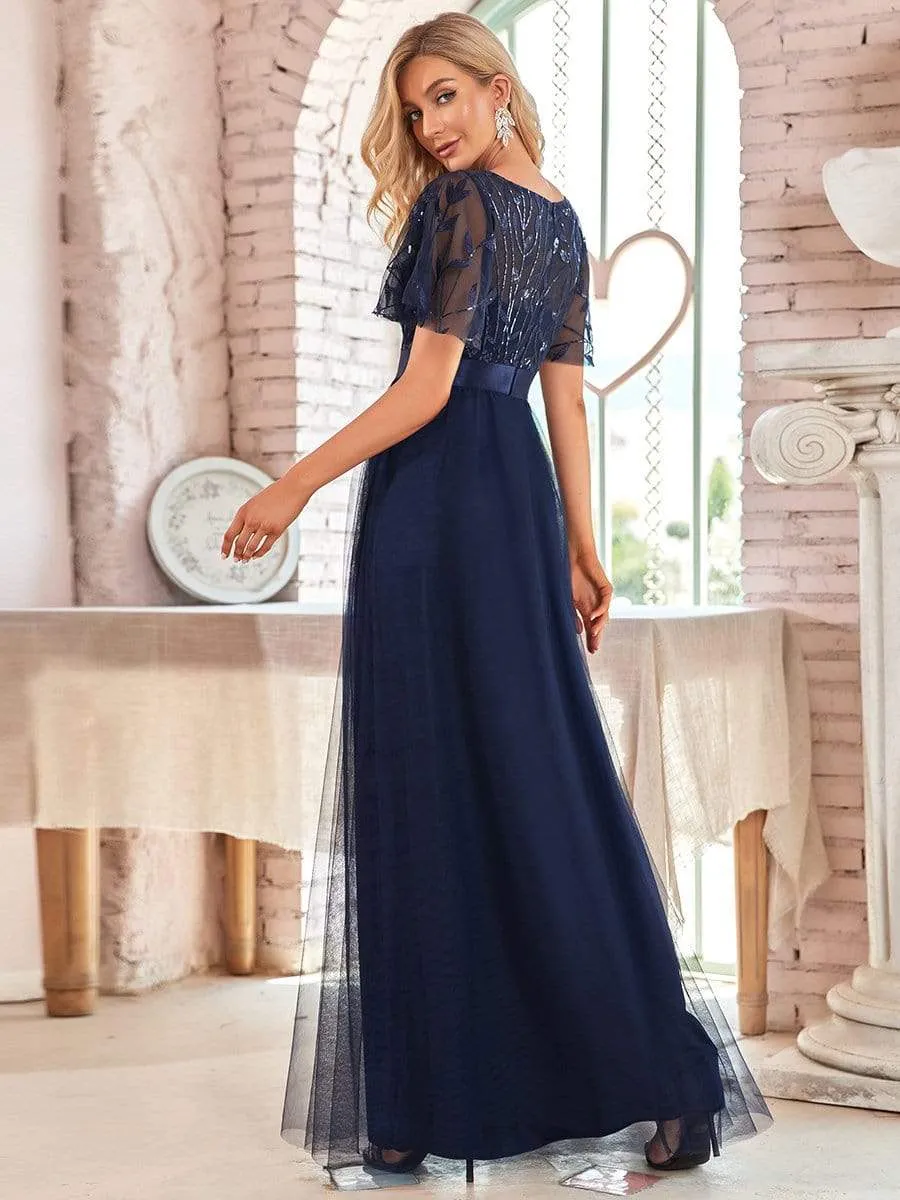 Women's A-Line Short Sleeve Embroidery Floor Length Wedding Guest Dresses