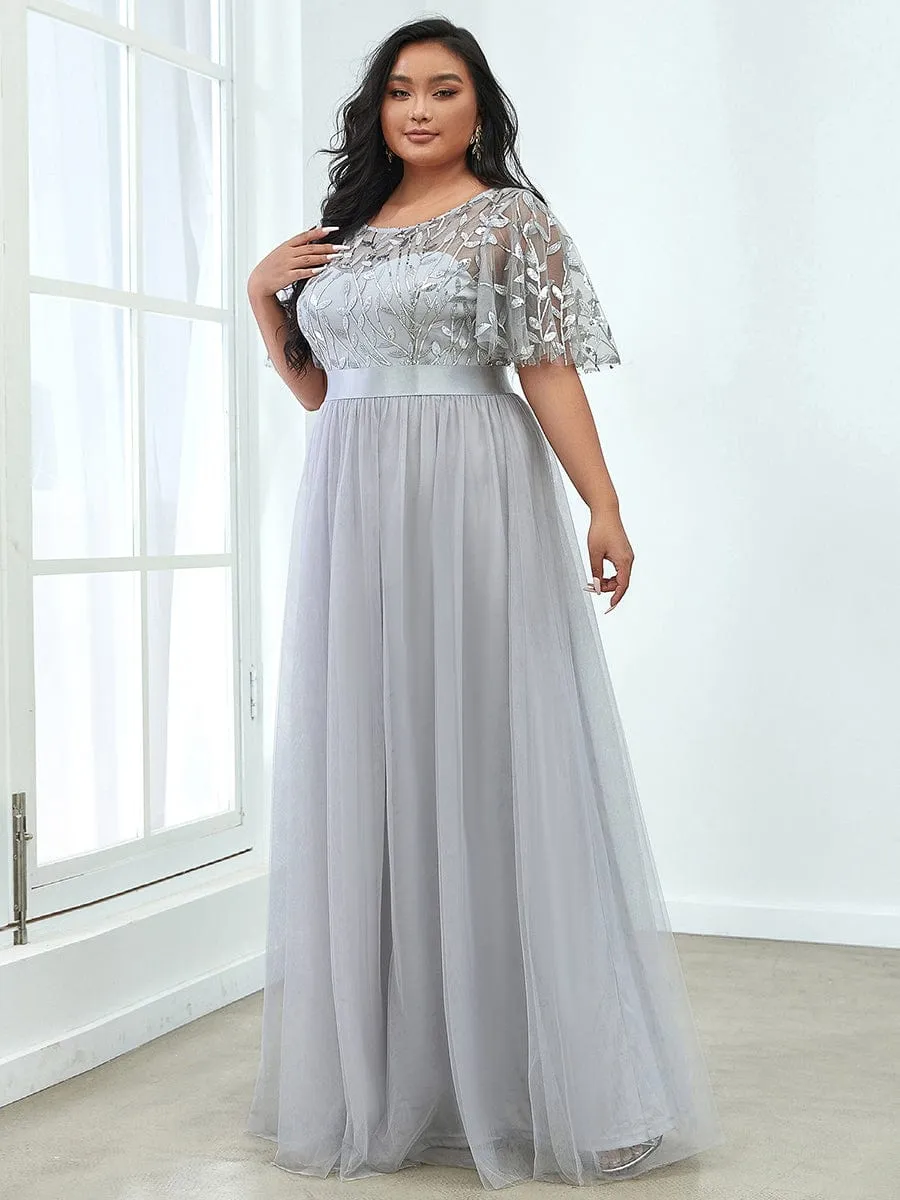 Women's A-Line Short Sleeve Embroidery Floor Length Wedding Guest Dresses