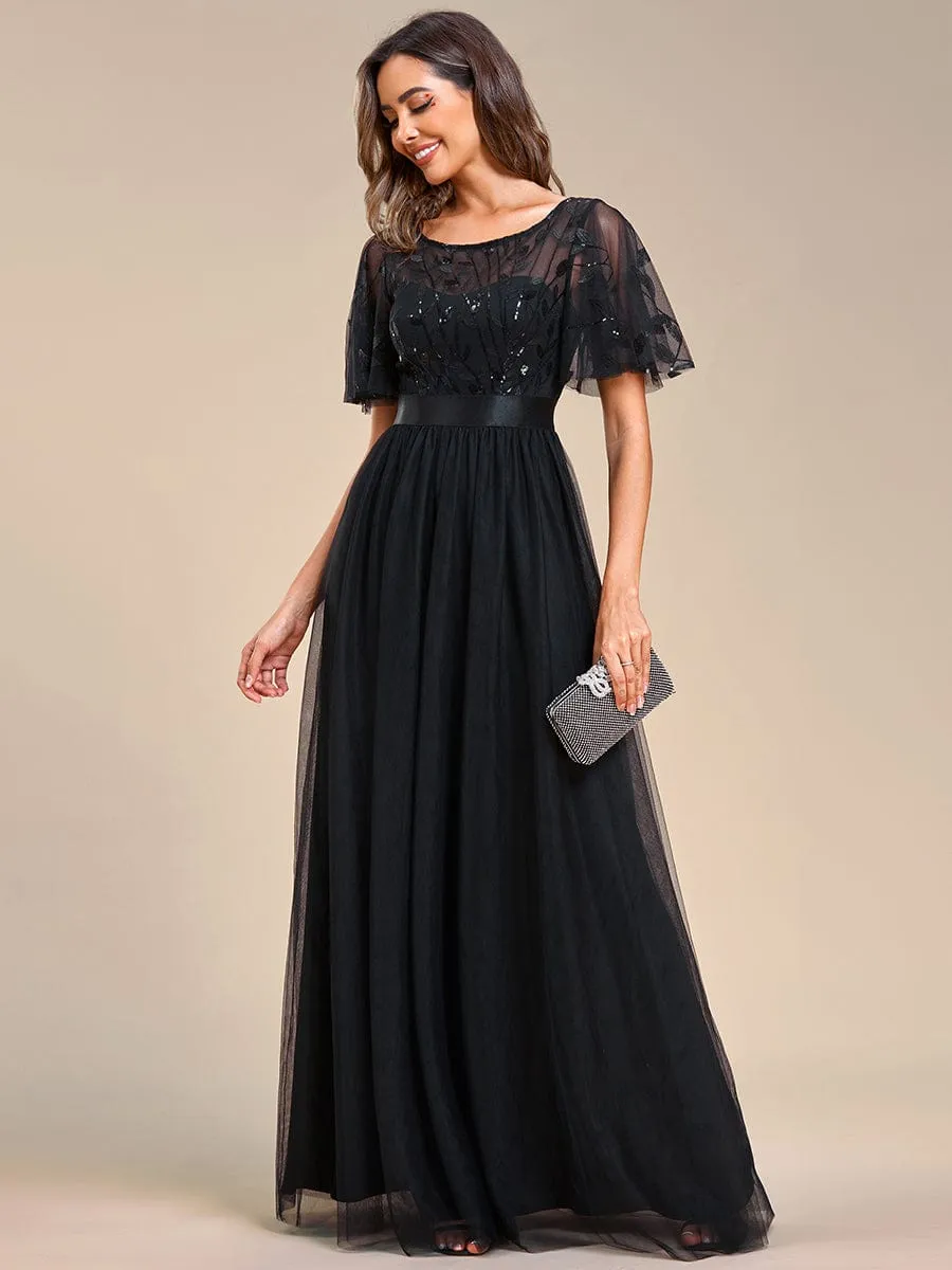 Women's A-Line Short Sleeve Embroidery Floor Length Wedding Guest Dresses