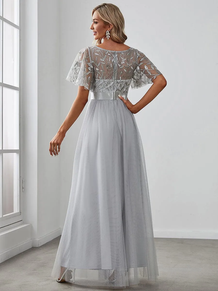 Women's A-Line Short Sleeve Embroidery Floor Length Wedding Guest Dresses