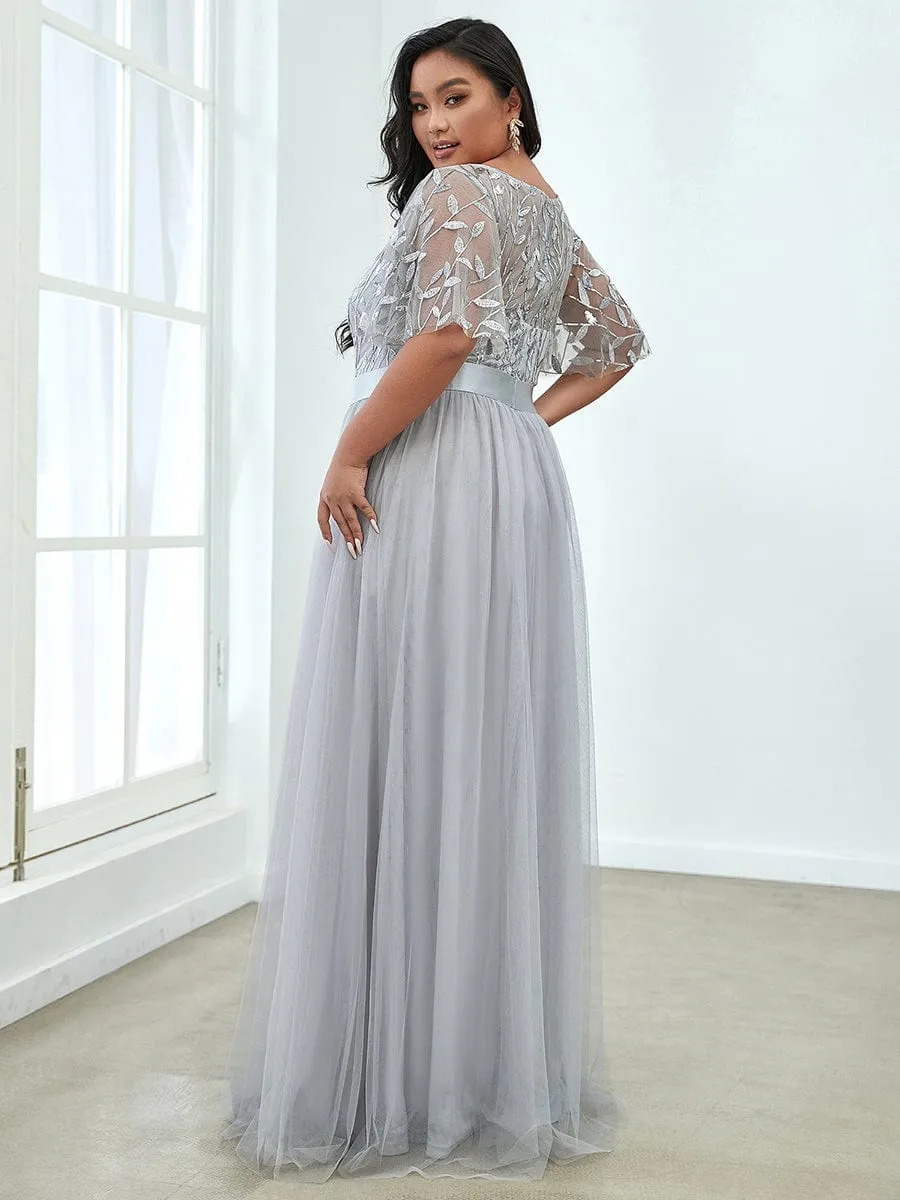 Women's A-Line Short Sleeve Embroidery Floor Length Wedding Guest Dresses