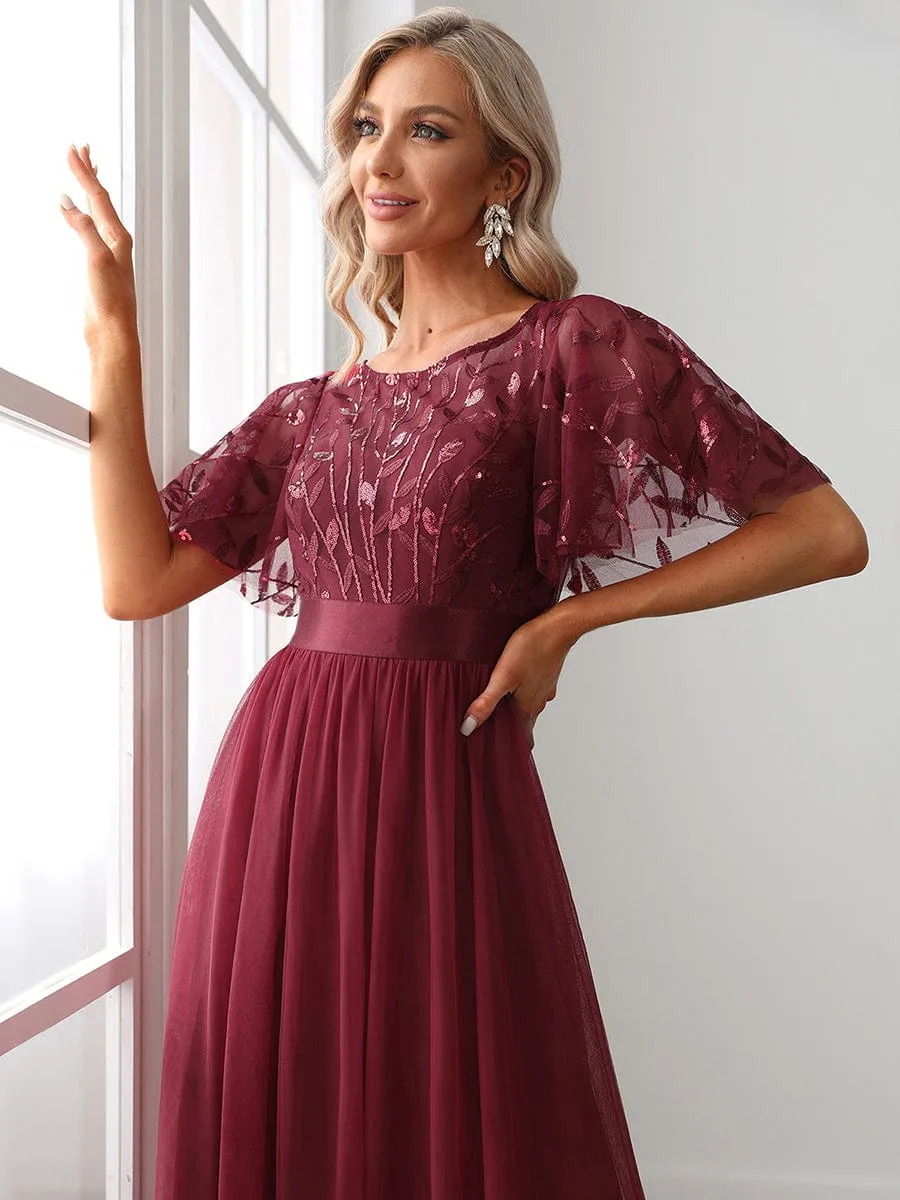 Women's A-Line Short Sleeve Embroidery Floor Length Wedding Guest Dresses