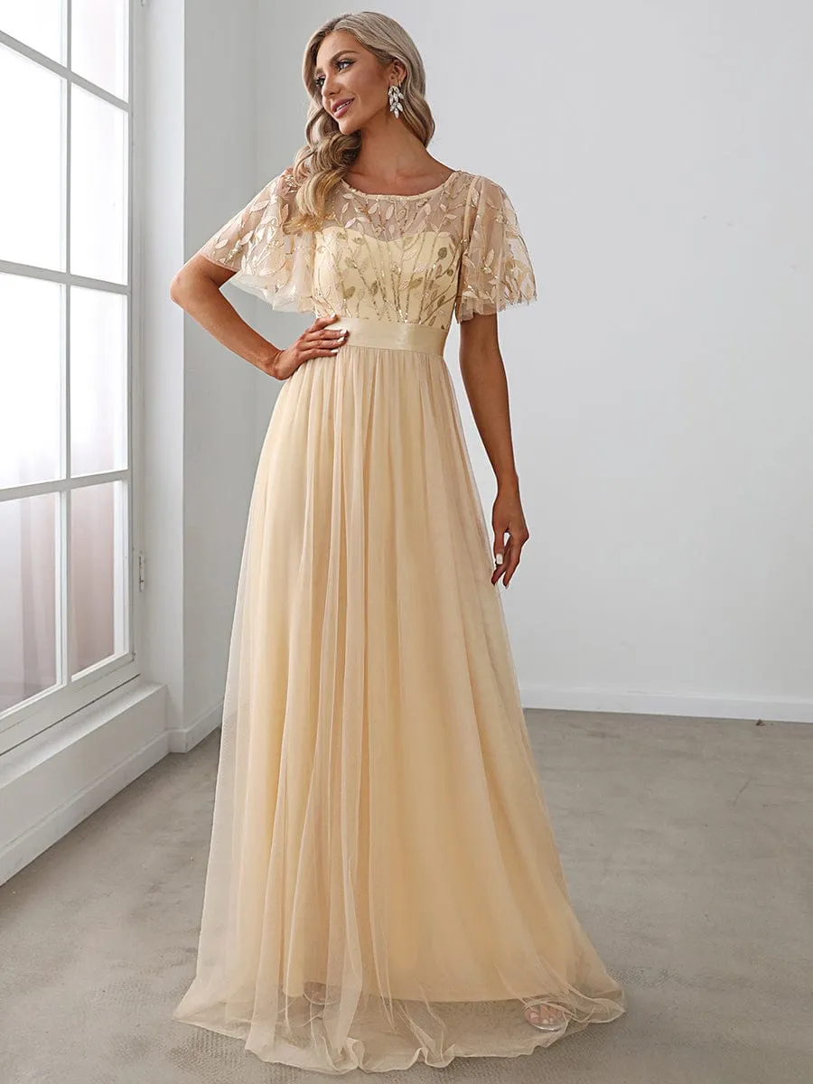 Women's A-Line Short Sleeve Embroidery Floor Length Wedding Guest Dresses