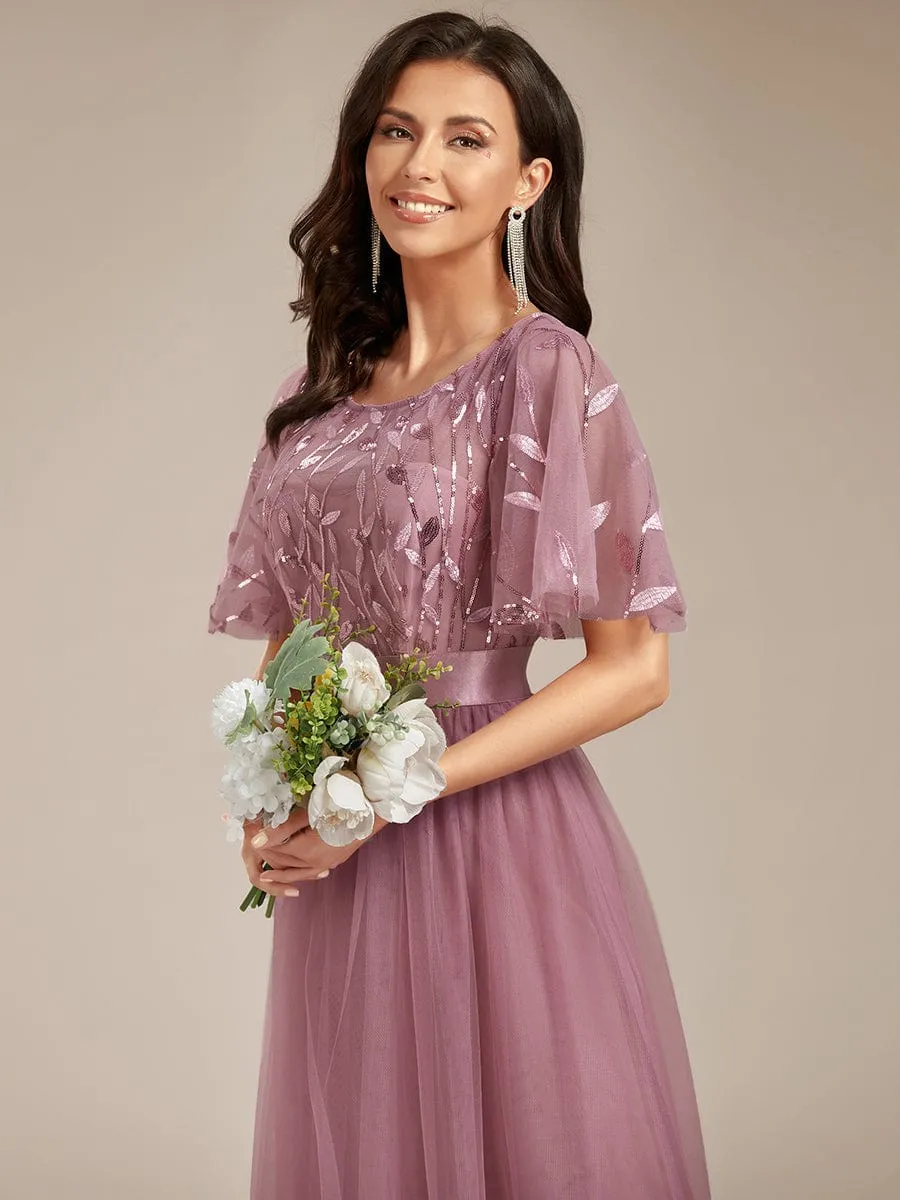 Women's A-Line Short Sleeve Embroidery Floor Length Wedding Guest Dresses