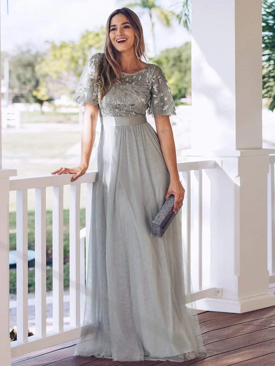 Women's A-Line Short Sleeve Embroidery Floor Length Wedding Guest Dresses