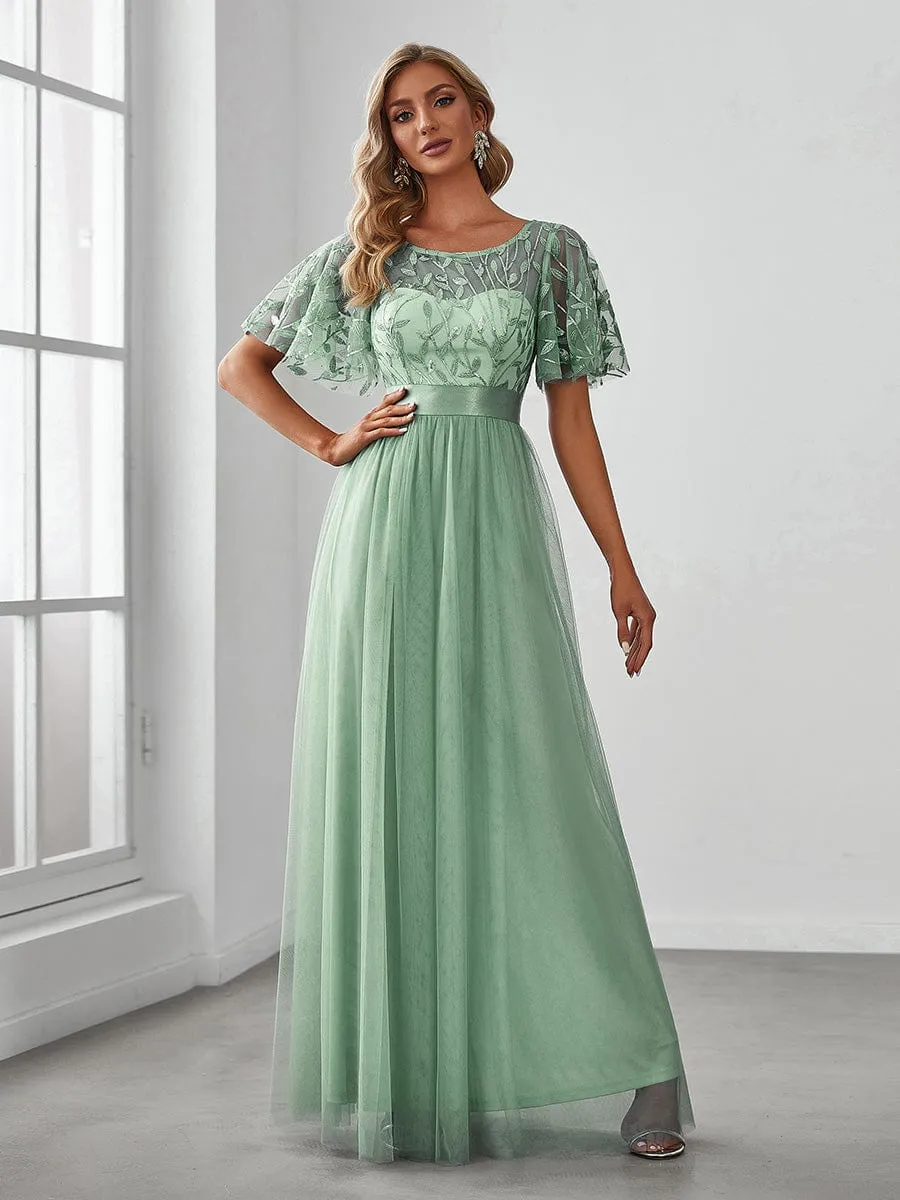 Women's A-Line Short Sleeve Embroidery Floor Length Wedding Guest Dresses