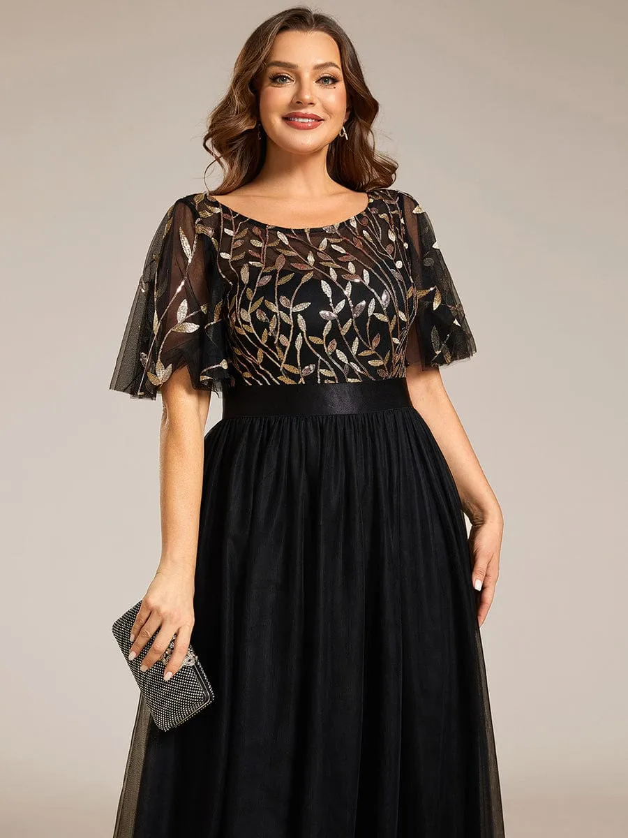 Women's A-Line Short Sleeve Embroidery Floor Length Wedding Guest Dresses