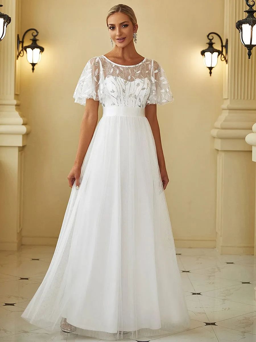 Women's A-Line Short Sleeve Embroidery Floor Length Wedding Guest Dresses