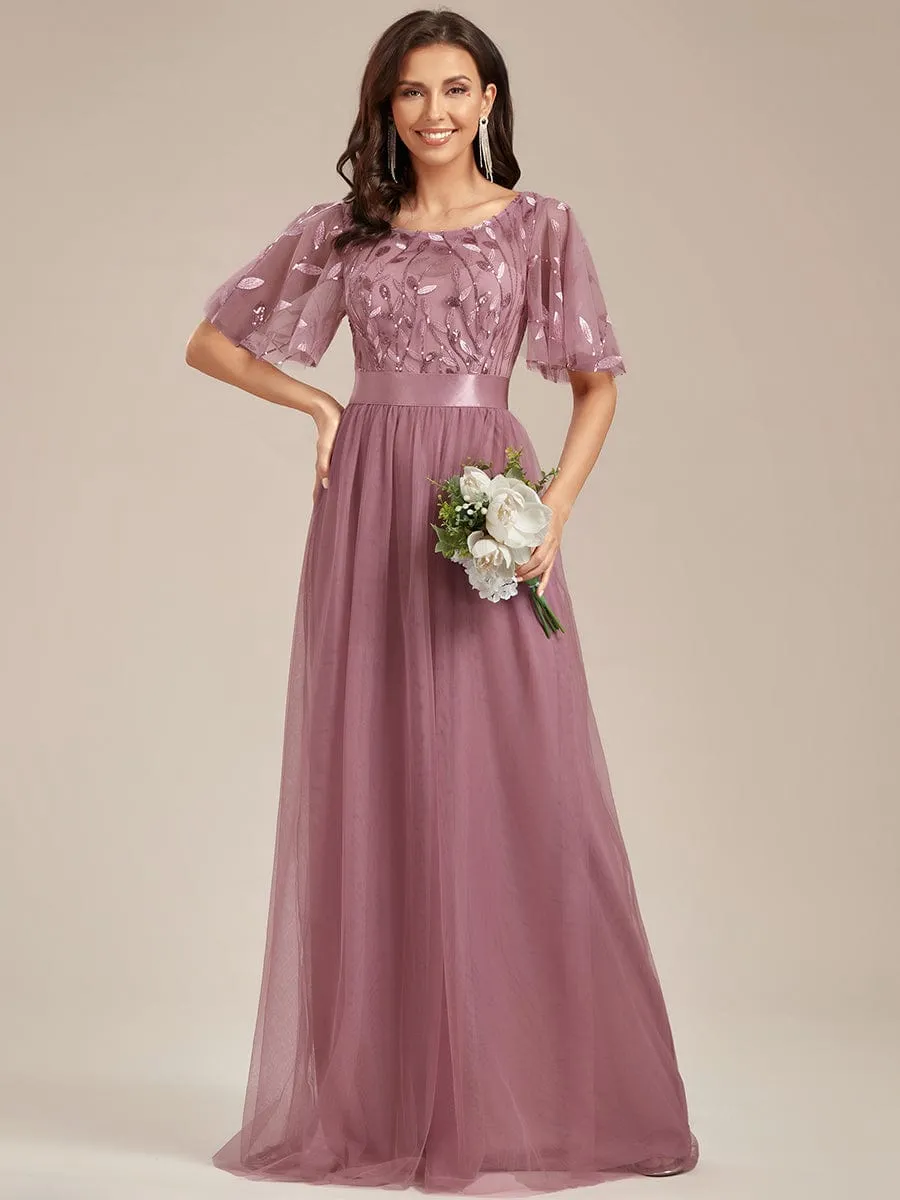 Women's A-Line Short Sleeve Embroidery Floor Length Wedding Guest Dresses