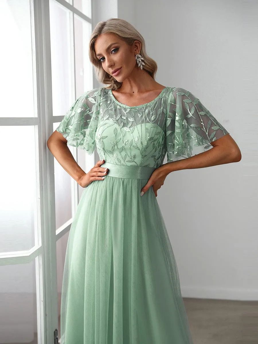 Women's A-Line Short Sleeve Embroidery Floor Length Wedding Guest Dresses