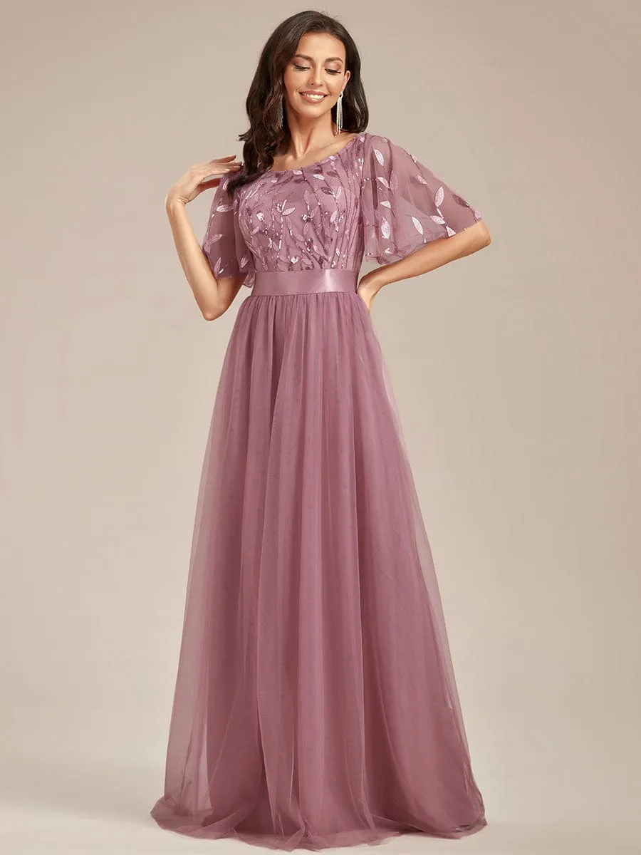 Women's A-Line Short Sleeve Embroidery Floor Length Wedding Guest Dresses