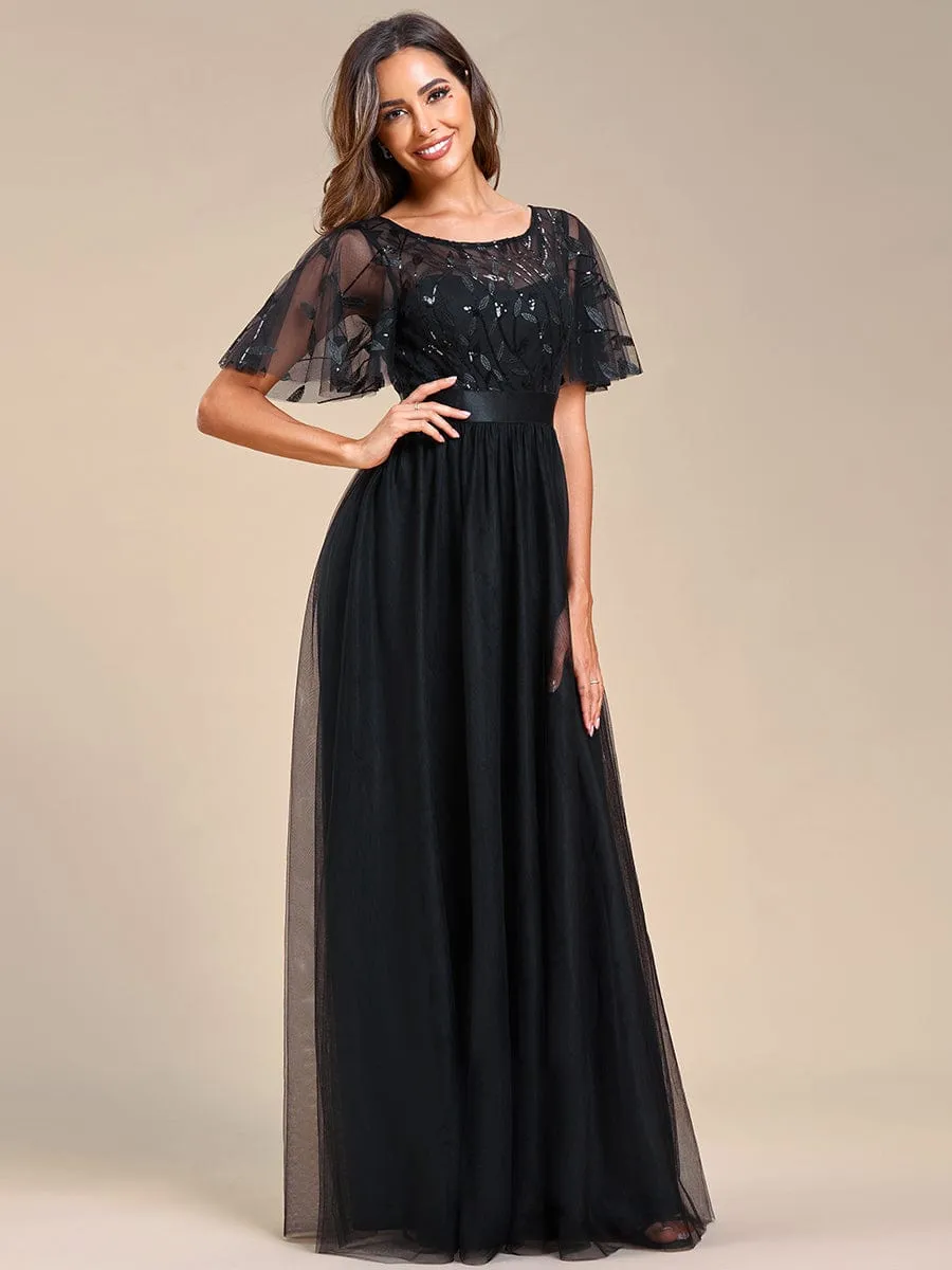 Women's A-Line Short Sleeve Embroidery Floor Length Wedding Guest Dresses