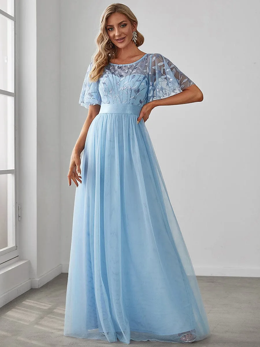 Women's A-Line Short Sleeve Embroidery Floor Length Wedding Guest Dresses