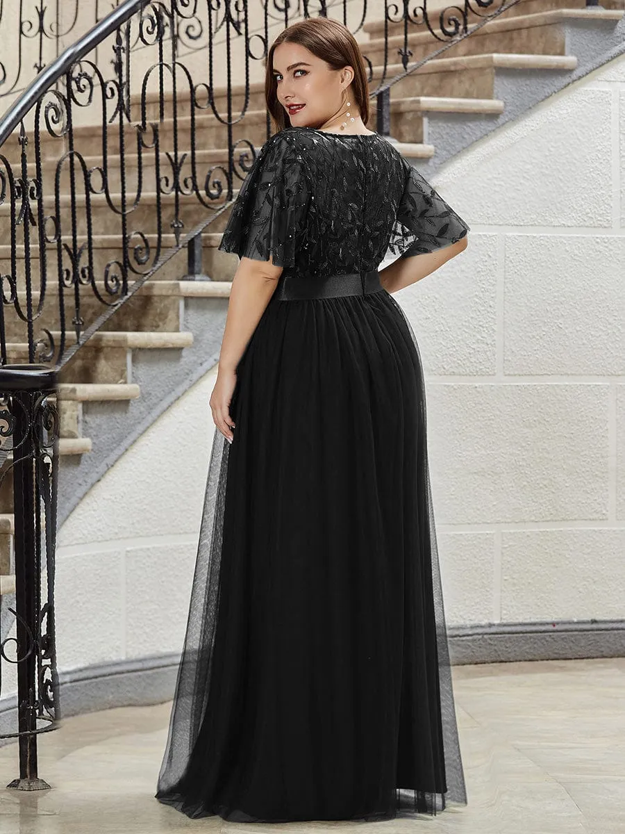 Women's A-Line Short Sleeve Embroidery Floor Length Wedding Guest Dresses