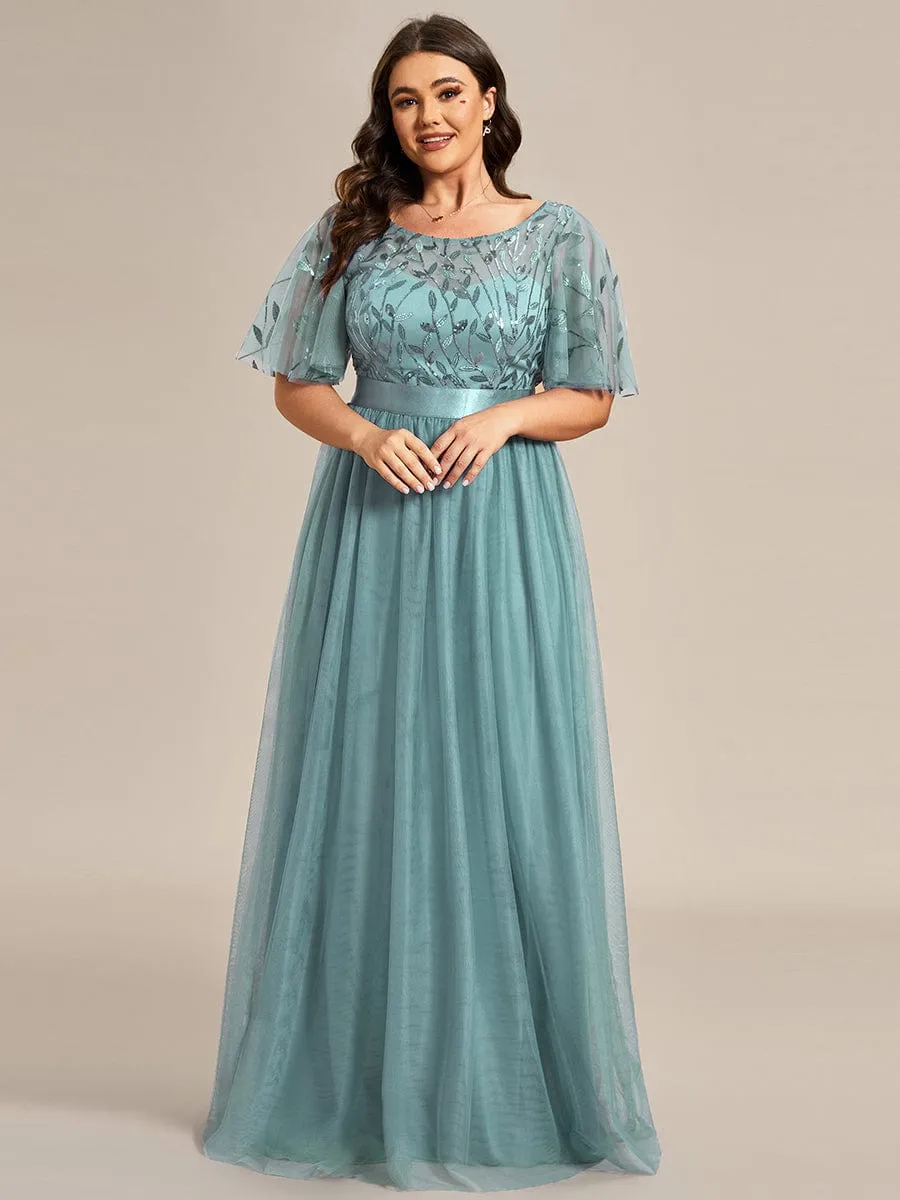 Women's A-Line Short Sleeve Embroidery Floor Length Wedding Guest Dresses