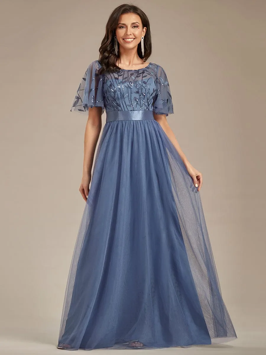 Women's A-Line Short Sleeve Embroidery Floor Length Wedding Guest Dresses