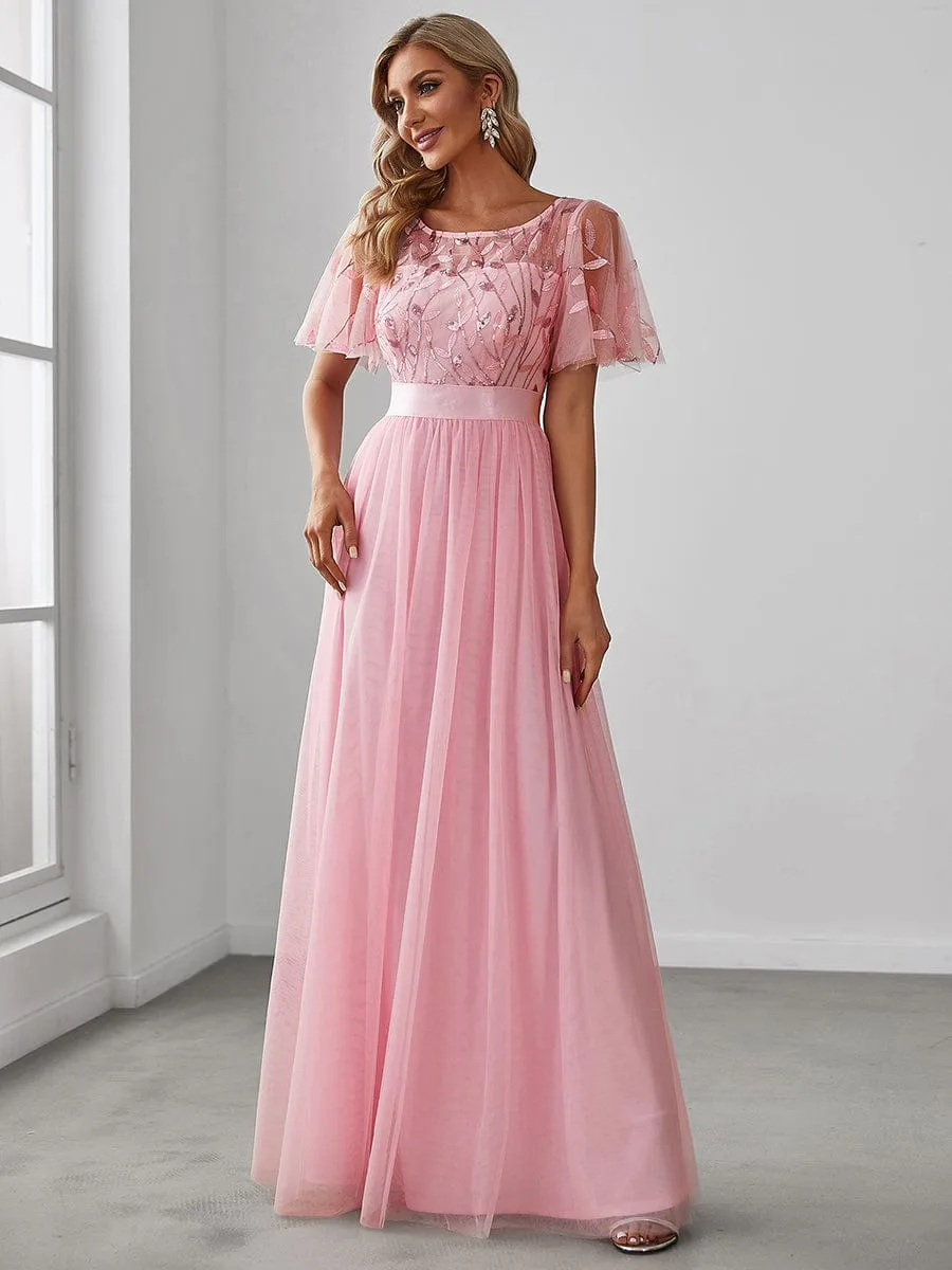 Women's A-Line Short Sleeve Embroidery Floor Length Wedding Guest Dresses