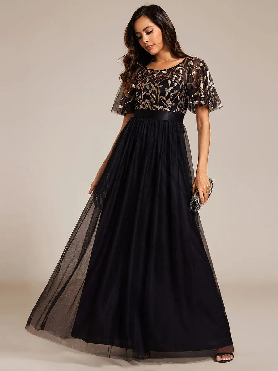 Women's A-Line Short Sleeve Embroidery Floor Length Wedding Guest Dresses