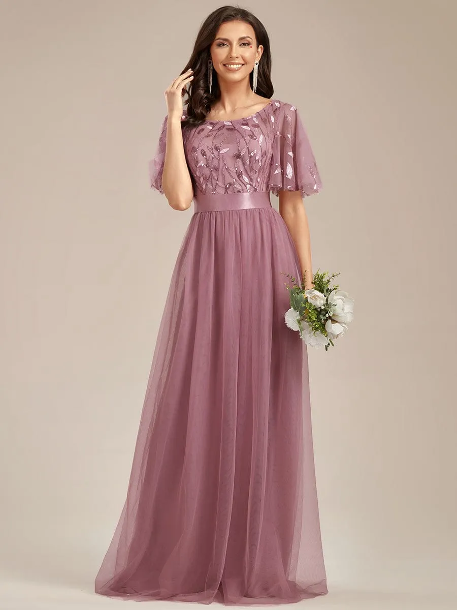 Women's A-Line Short Sleeve Embroidery Floor Length Wedding Guest Dresses