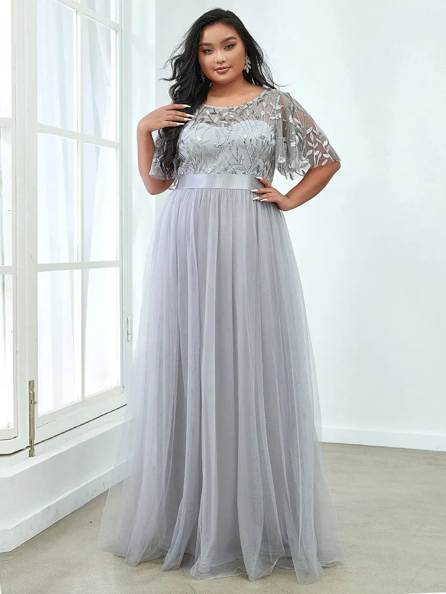 Women's A-Line Short Sleeve Embroidery Floor Length Wedding Guest Dresses