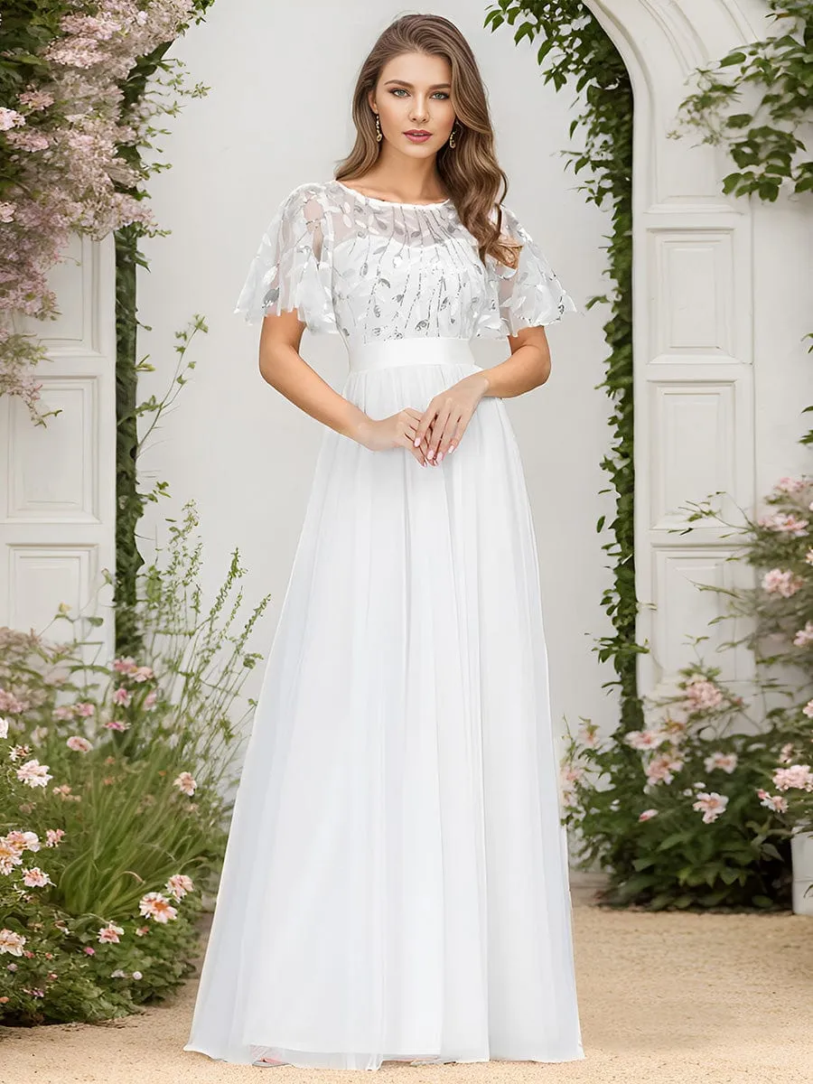 Women's A-Line Short Sleeve Embroidery Floor Length Wedding Guest Dresses