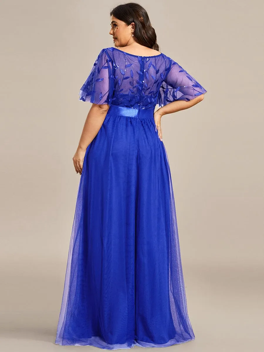 Women's A-Line Short Sleeve Embroidery Floor Length Wedding Guest Dresses