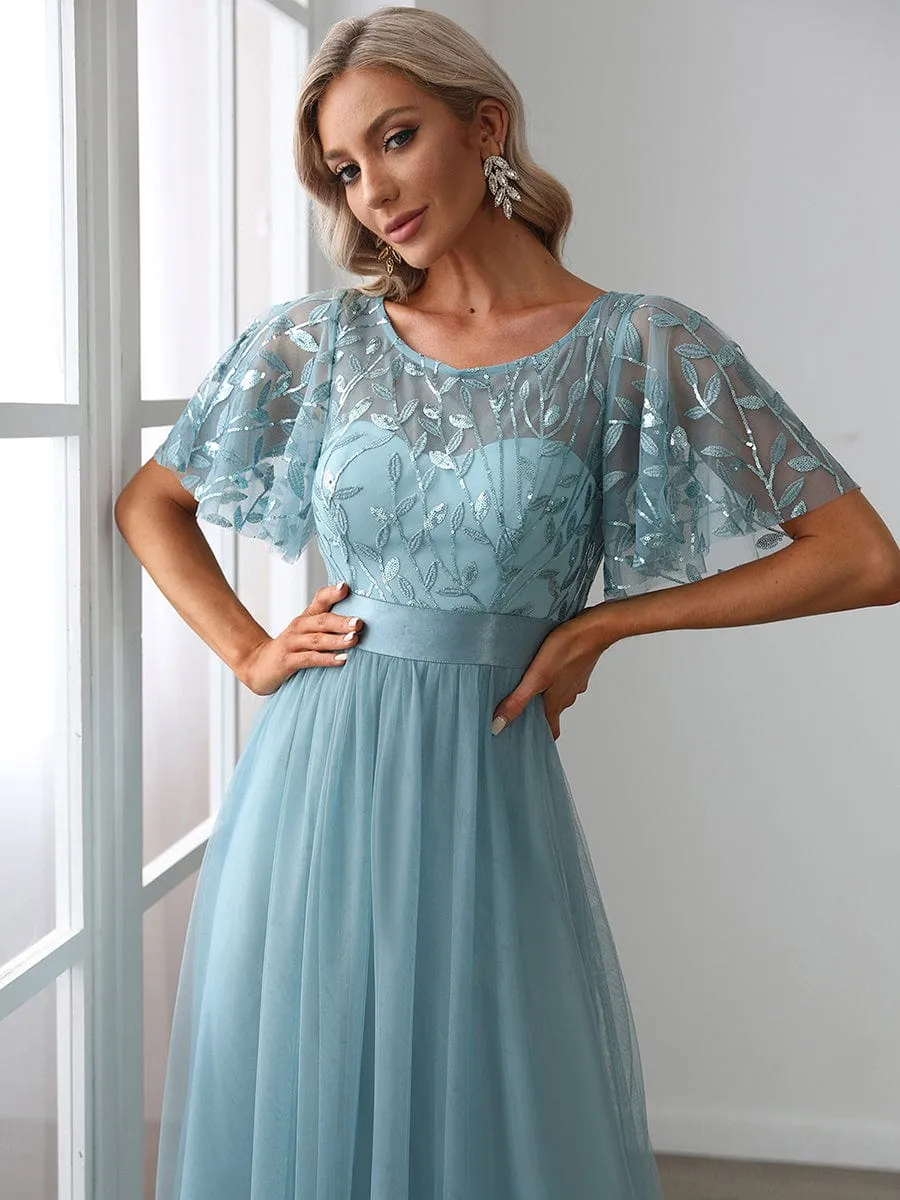 Women's A-Line Short Sleeve Embroidery Floor Length Wedding Guest Dresses