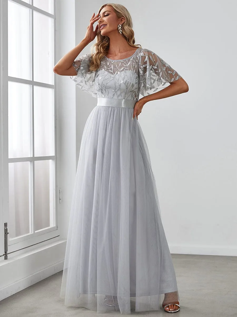 Women's A-Line Short Sleeve Embroidery Floor Length Wedding Guest Dresses