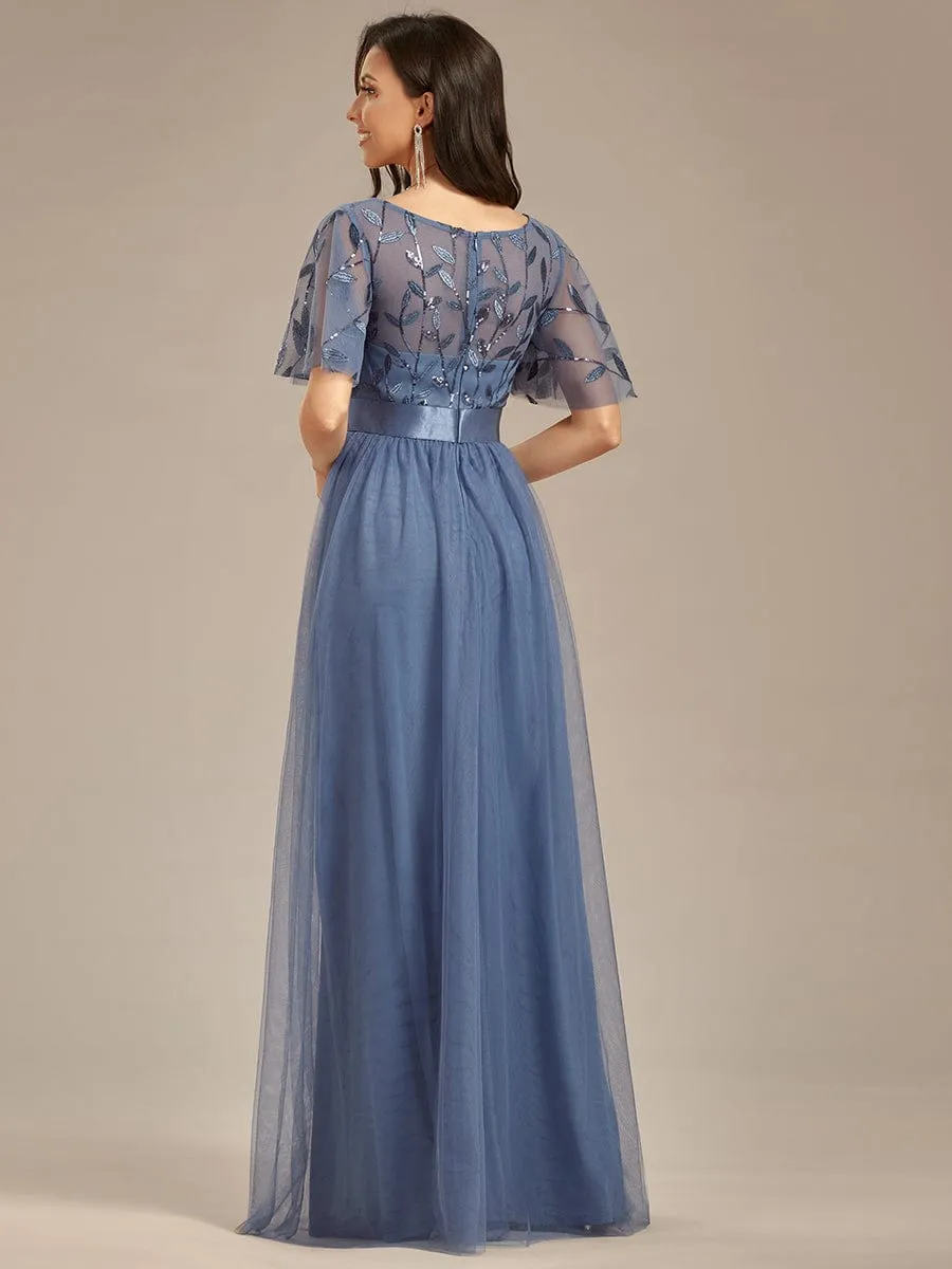 Women's A-Line Short Sleeve Embroidery Floor Length Wedding Guest Dresses