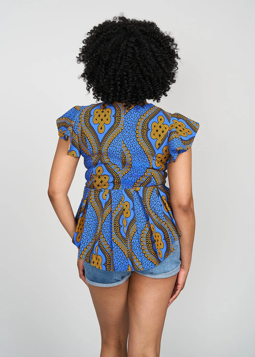 Zera Women's African Print Stretch Peplum Top (Gold Blue Motif)